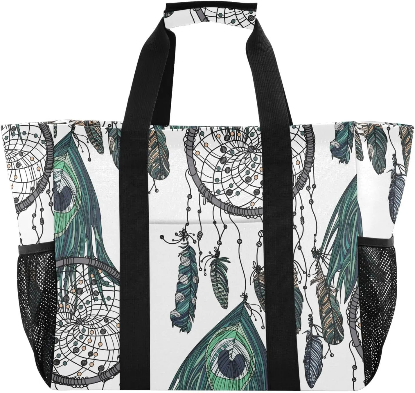 susiyo Ethnic Dreamcatcher Blue Feather Reusable Grocery Tote Bag Collapsible Canvas Beach Bag Large Travel Bags for Hiking Trip Pool