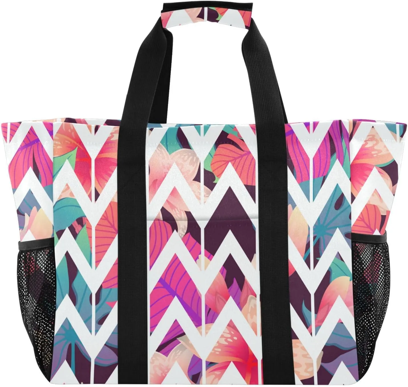 susiyo Exotic Tropical Leaves on Striped Zigzag Reusable Grocery Tote Bag Collapsible Canvas Beach Bag Large Travel Bags for Hiking Trip Pool