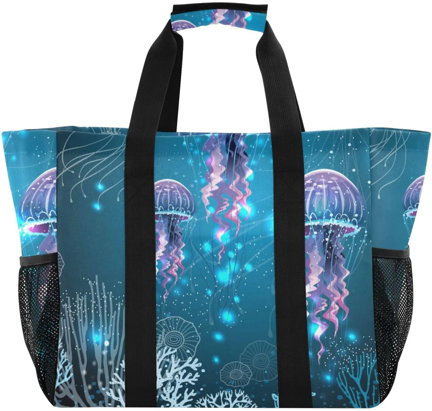susiyo Glowing Jellyfishes Reusable Grocery Tote Bag Collapsible Canvas Beach Bag Large Travel Bags for Hiking Trip Pool