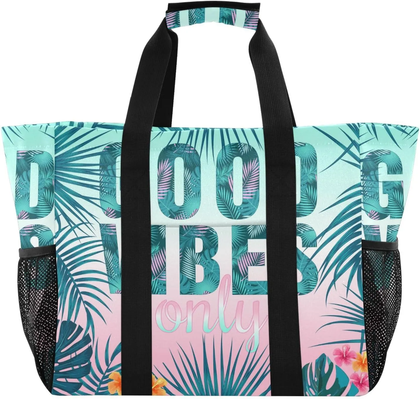 susiyo Good Vibes Only Summer Reusable Grocery Tote Bag Collapsible Canvas Beach Bag Large Travel Bags for Hiking Trip Pool