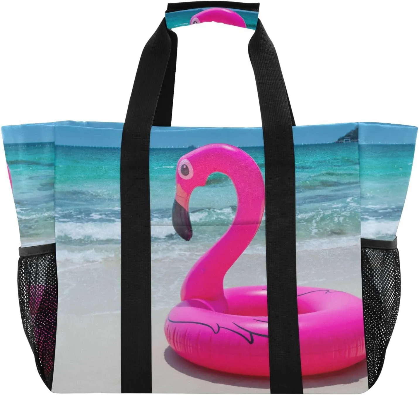 susiyo Pink Flamingo on Beach Reusable Grocery Tote Bag Collapsible Canvas Beach Bag Large Travel Bags for Hiking Trip Pool