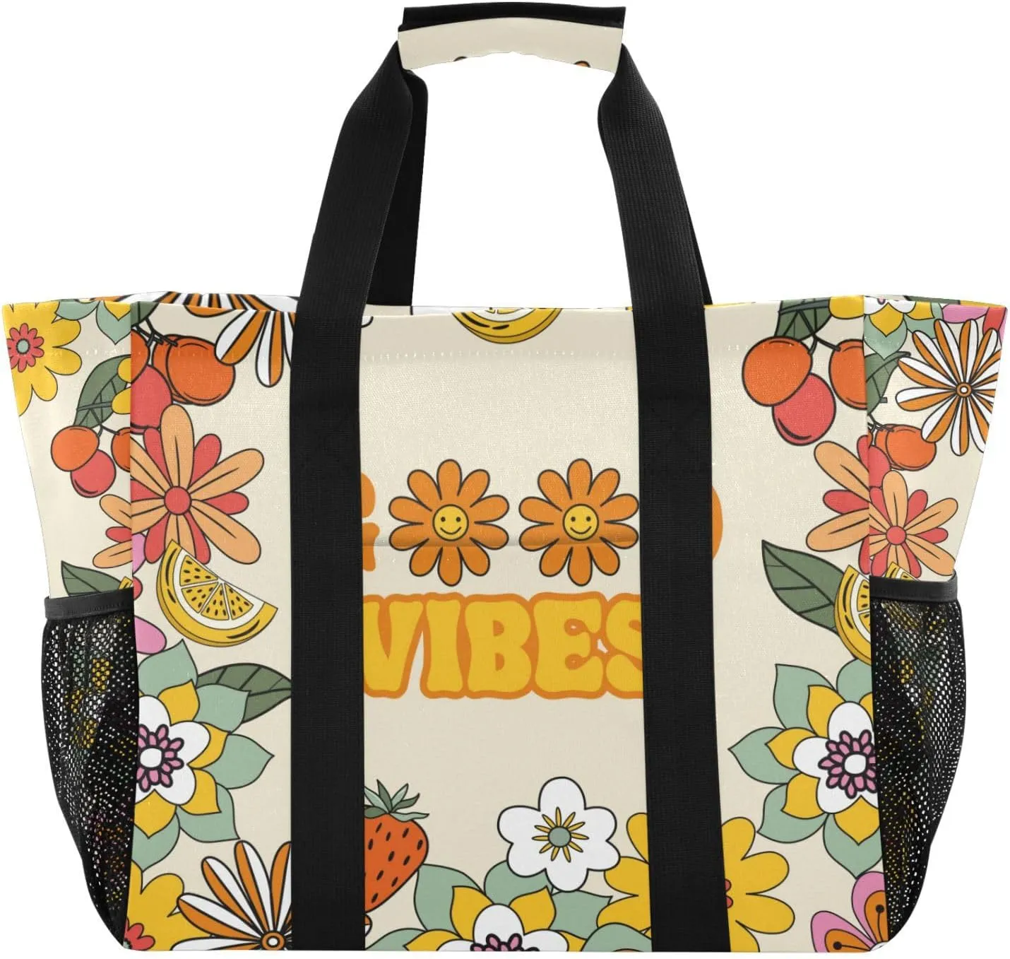 susiyo Retro Summer Floral Good Vibes Reusable Grocery Tote Bag Collapsible Canvas Beach Bag Large Travel Bags for Hiking Trip Pool