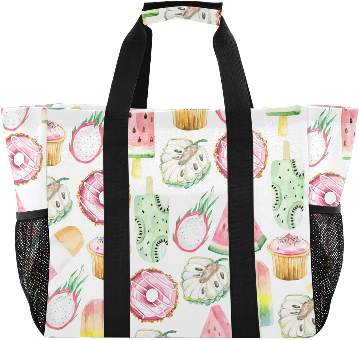 susiyo Summer Fruits Doughnut Ice Cream Reusable Grocery Tote Bag Collapsible Canvas Beach Bag Large Travel Bags for Hiking Trip Pool