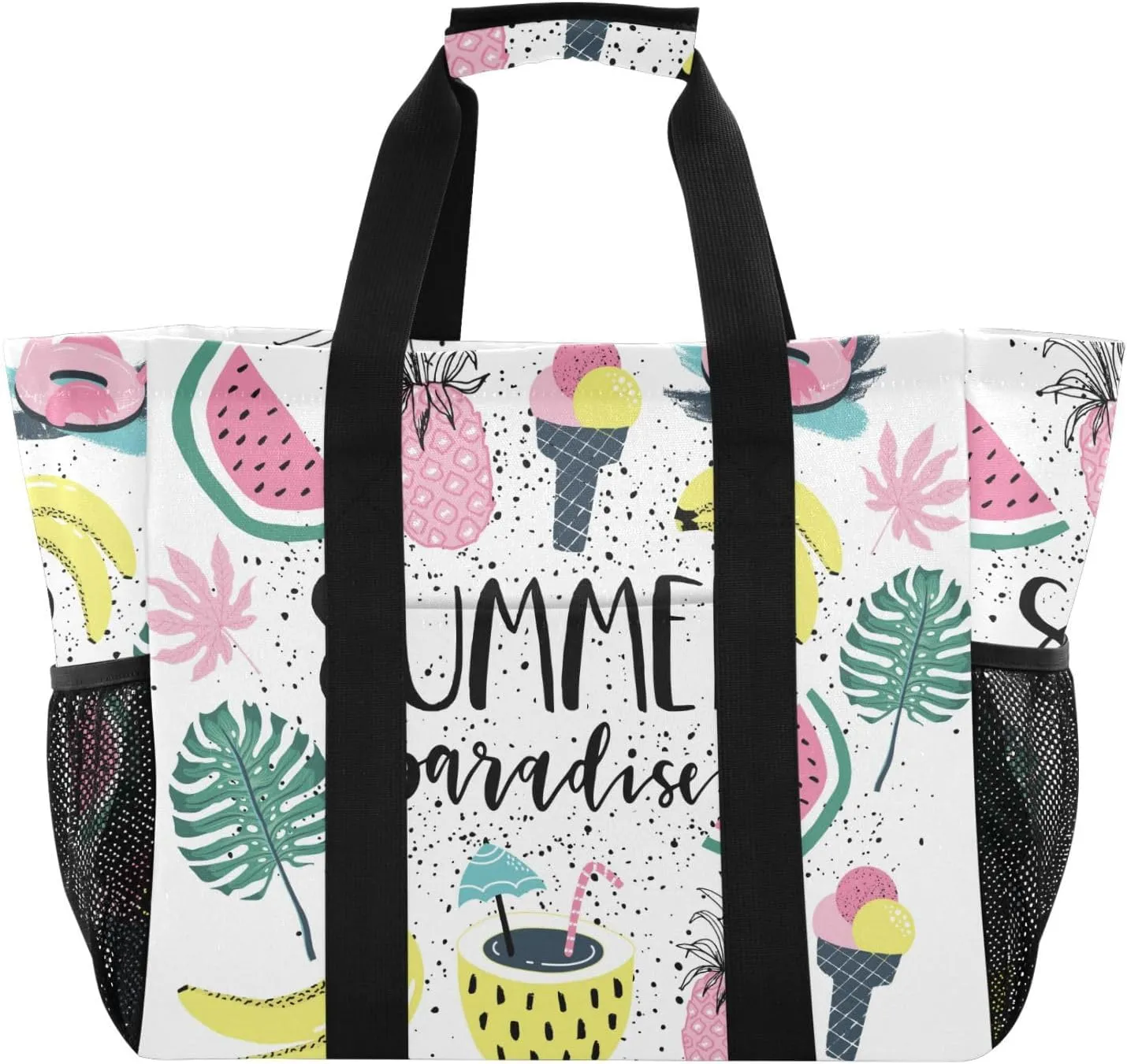 susiyo Summer Fruits Flamingo Leaves Reusable Grocery Tote Bag Collapsible Canvas Beach Bag Large Travel Bags for Hiking Trip Pool