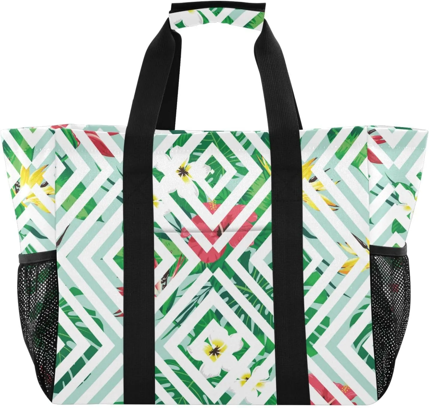susiyo Tropical Flowers and Leaves on Geometric Reusable Grocery Tote Bag Collapsible Canvas Beach Bag Large Travel Bags for Hiking Trip Pool