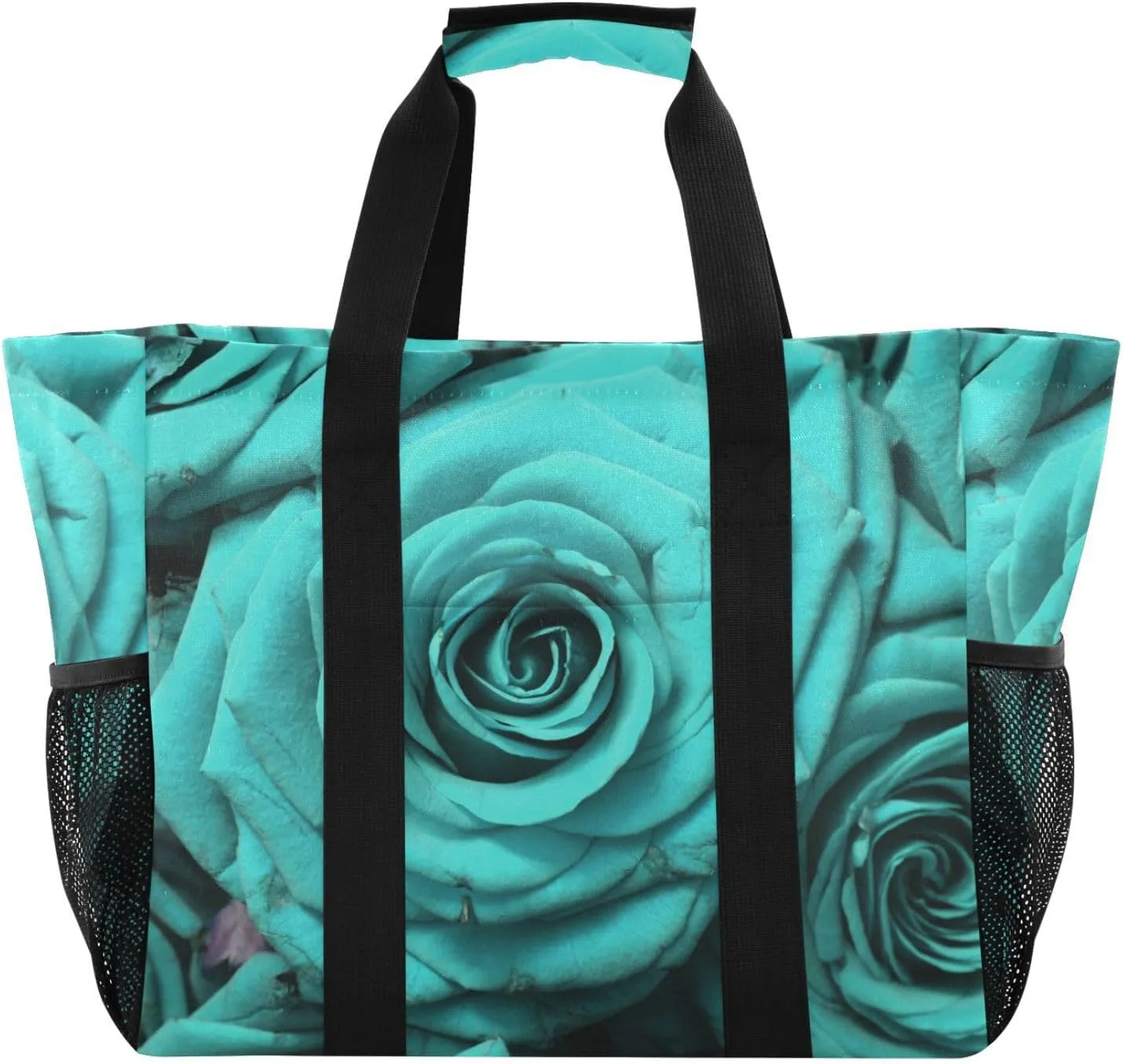 susiyo Turquoise Blooming Rose Flowers Reusable Grocery Tote Bag Collapsible Canvas Beach Bag Large Travel Bags for Hiking Trip Pool