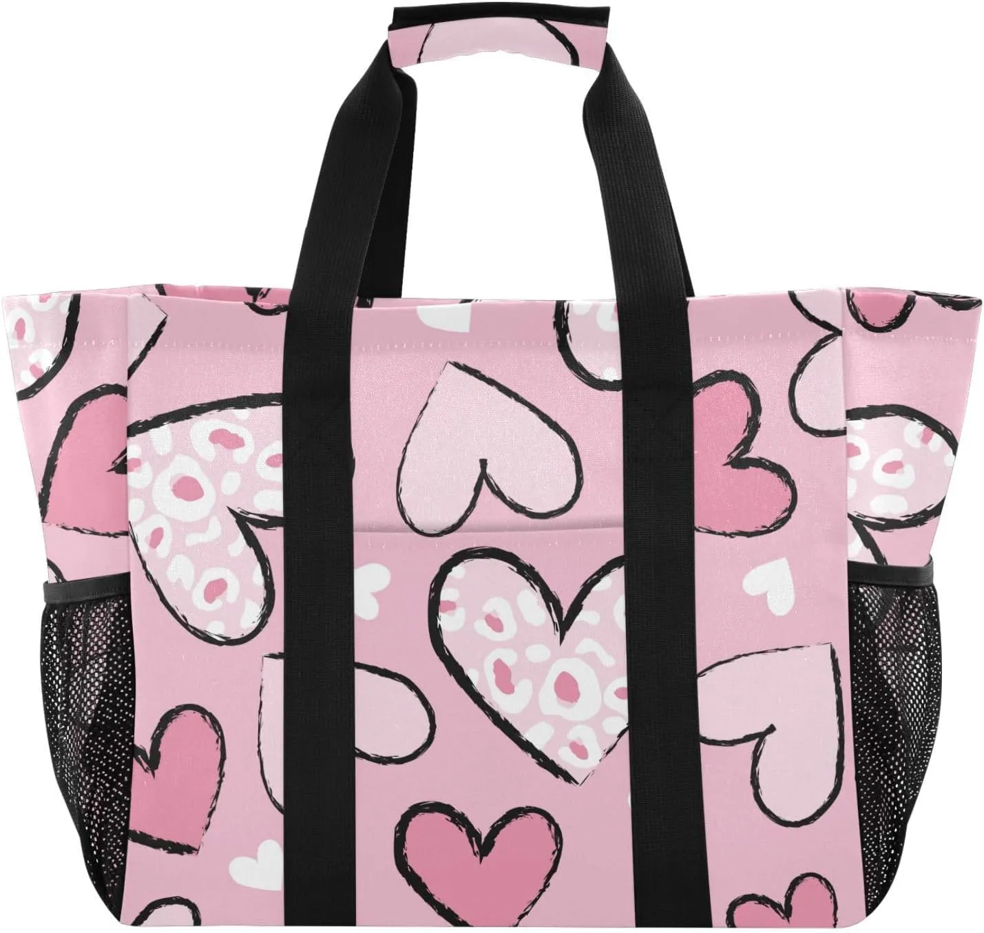 susiyo Valentine Pink Love Heart Reusable Grocery Tote Bag Collapsible Canvas Beach Bag Large Travel Bags for Hiking Trip Pool