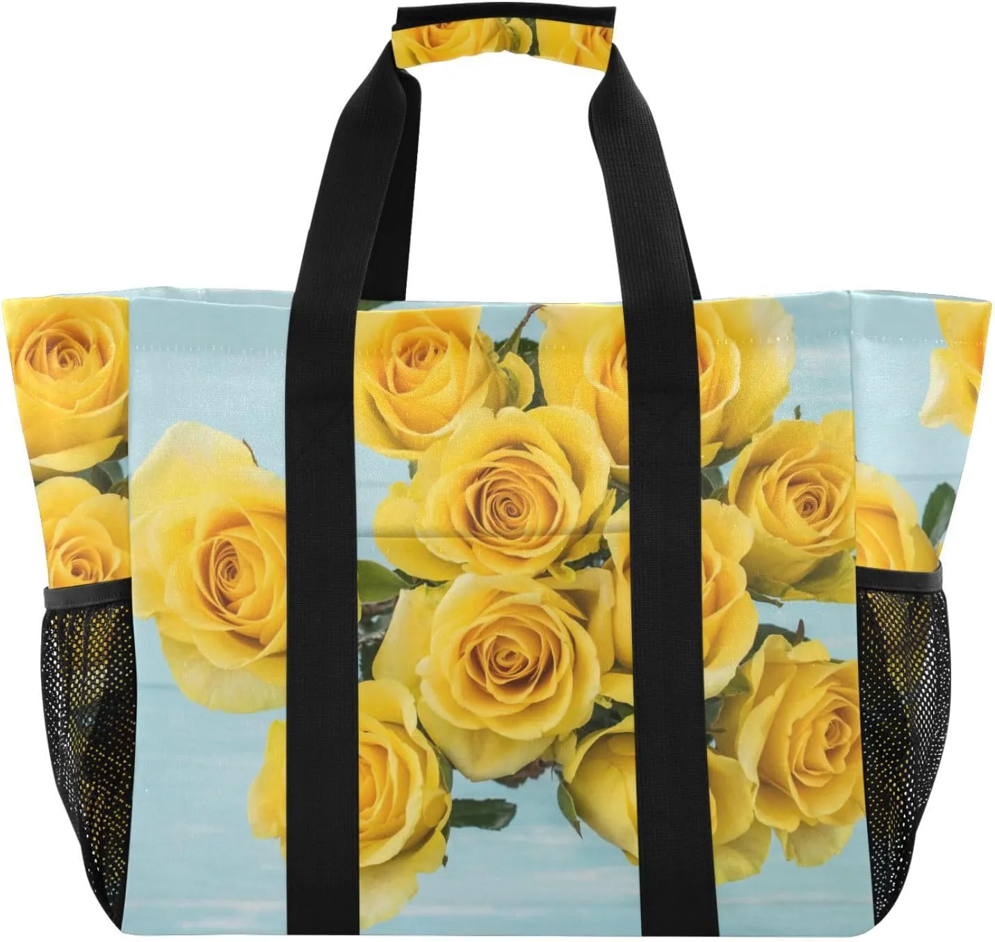 susiyo Yellow Roses Flowers Bouquet Reusable Grocery Tote Bag Collapsible Canvas Beach Bag Large Travel Bags for Hiking Trip Pool