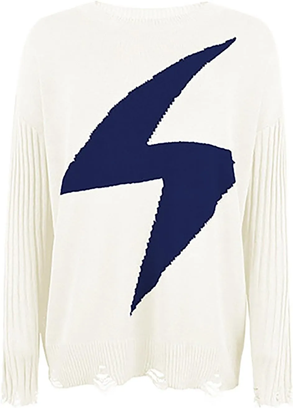Sweater for Womens Long Sleeve Distressed Crewneck Colorblock Casual Fall Winter Oversized Goingout Red Lightning Bolt