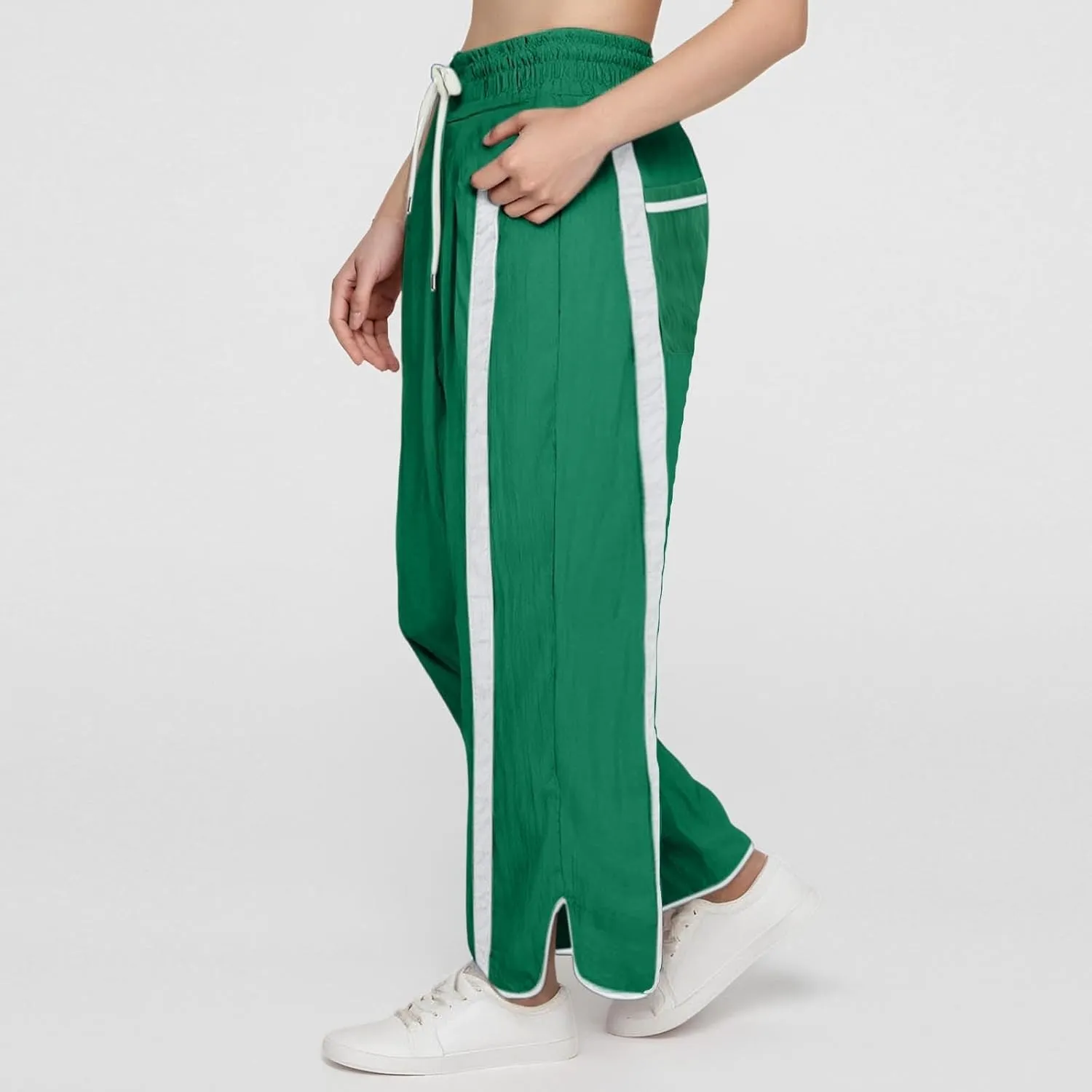 Sweatpants Women Stripe Plus Size Drawstring High Waist Casual Palazzo Pants Straight Wide Leg Trousers with Pocket