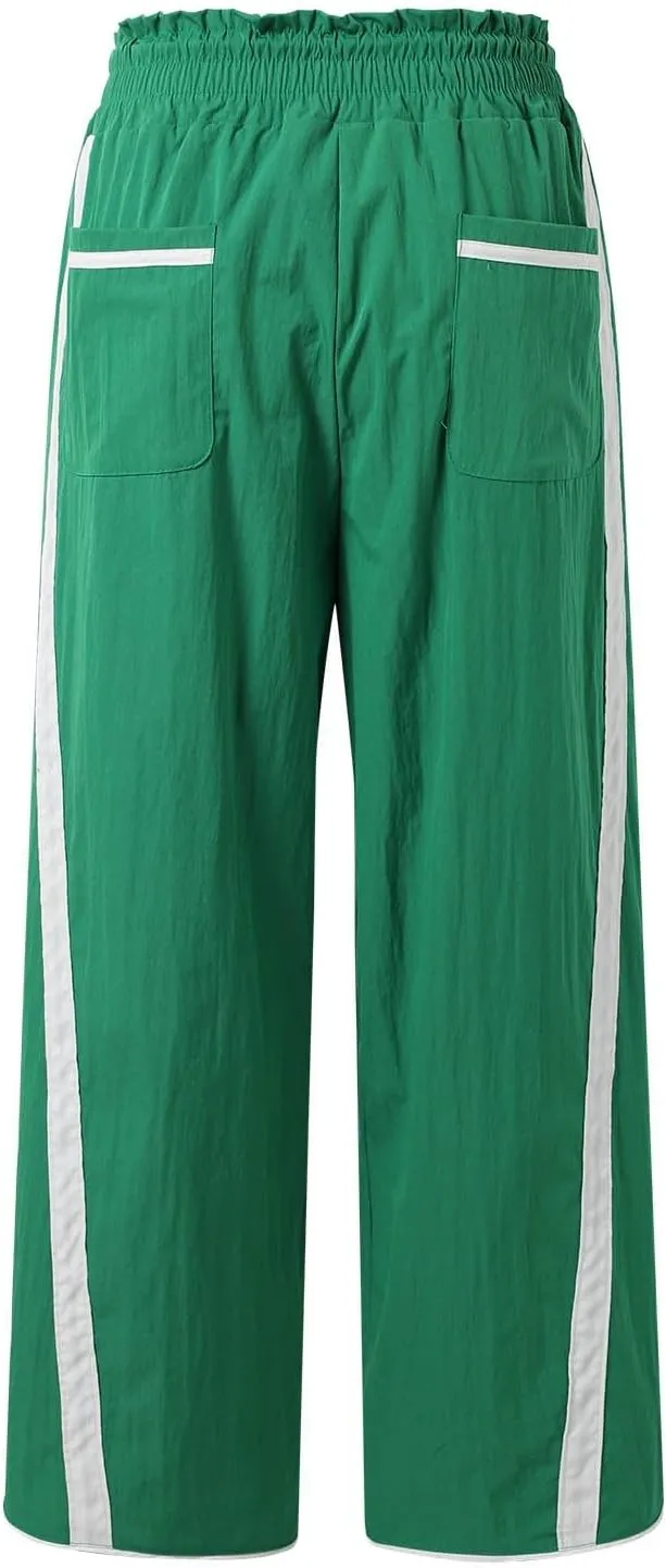 Sweatpants Women Stripe Plus Size Drawstring High Waist Casual Palazzo Pants Straight Wide Leg Trousers with Pocket