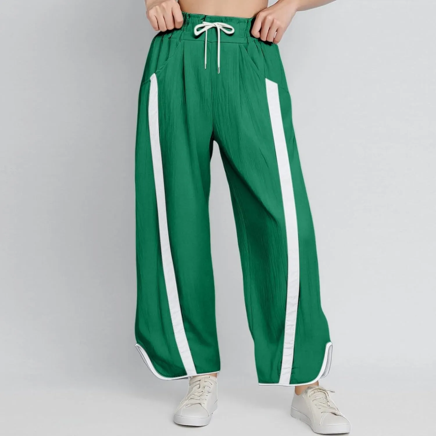 Sweatpants Women Stripe Plus Size Drawstring High Waist Casual Palazzo Pants Straight Wide Leg Trousers with Pocket