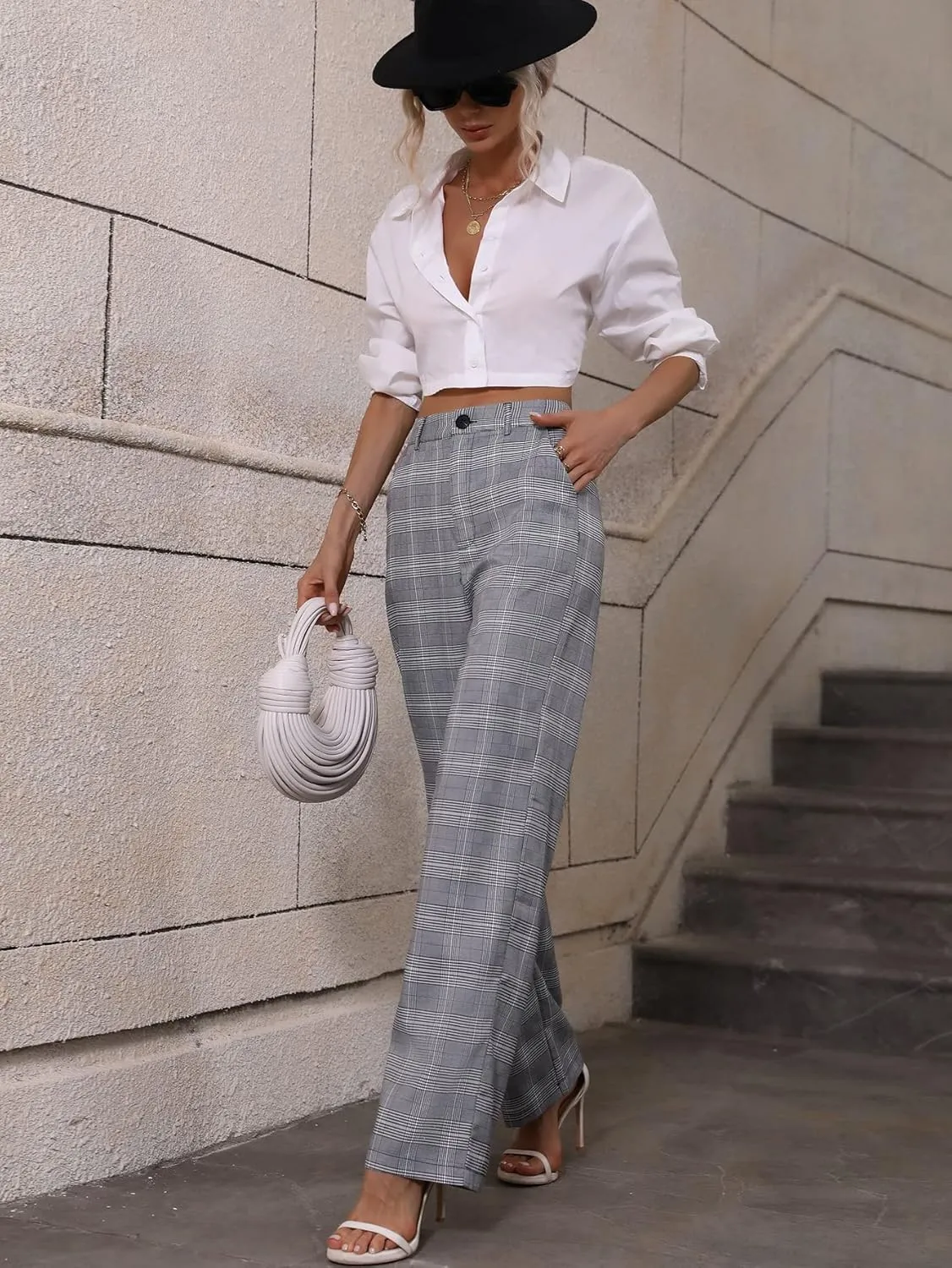 SweatyRocks Women's Plaid Print Dress Pants High Waisted Wide Leg Suit Pants with Pocket