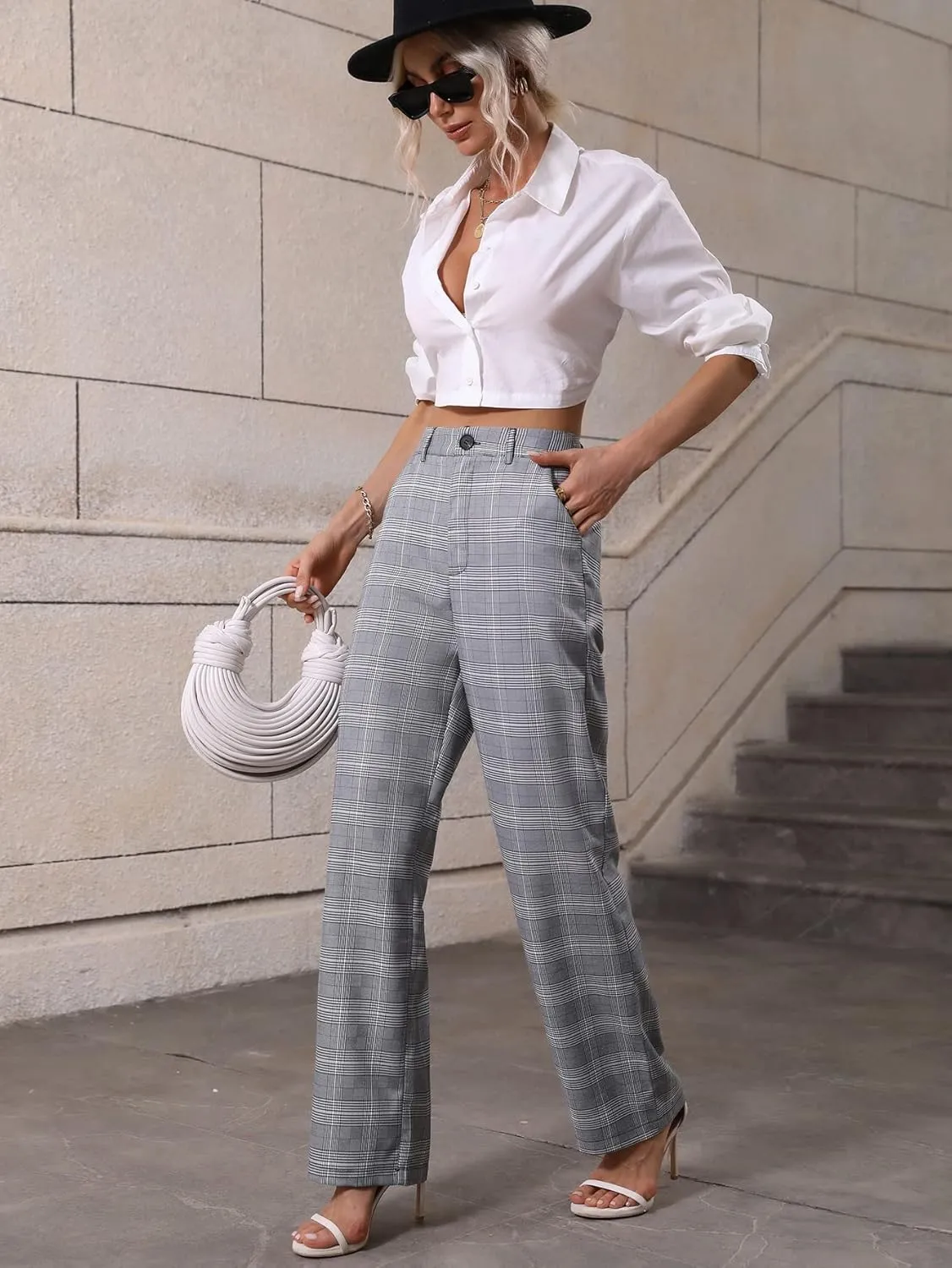 SweatyRocks Women's Plaid Print Dress Pants High Waisted Wide Leg Suit Pants with Pocket
