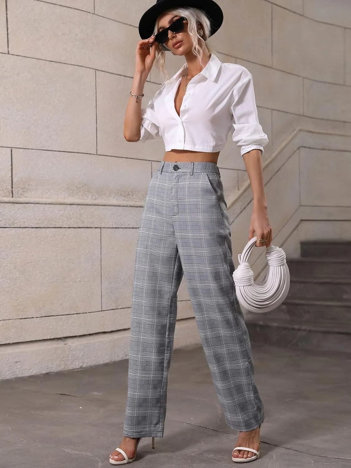 SweatyRocks Women's Plaid Print Dress Pants High Waisted Wide Leg Suit Pants with Pocket