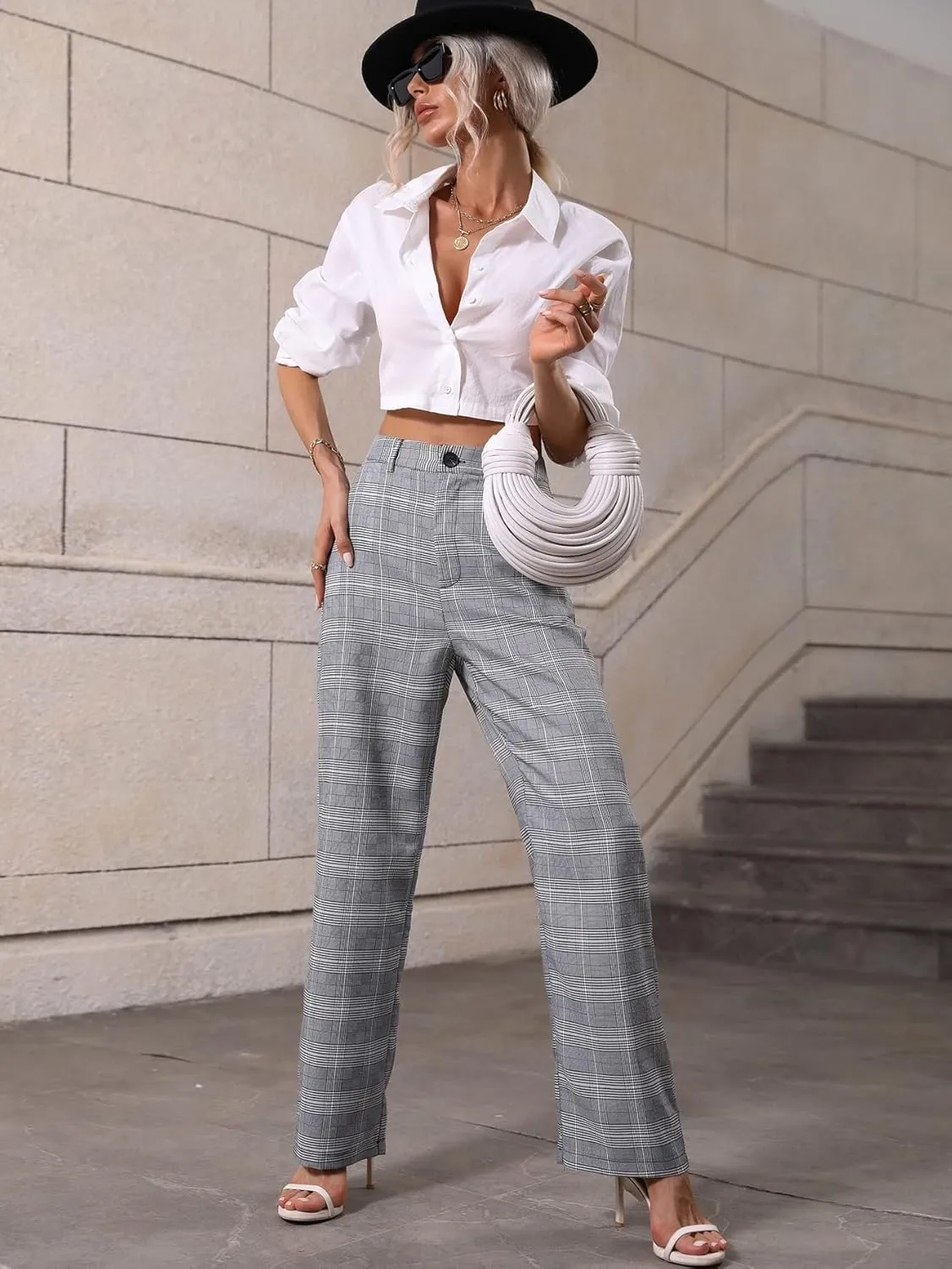 SweatyRocks Women's Plaid Print Dress Pants High Waisted Wide Leg Suit Pants with Pocket