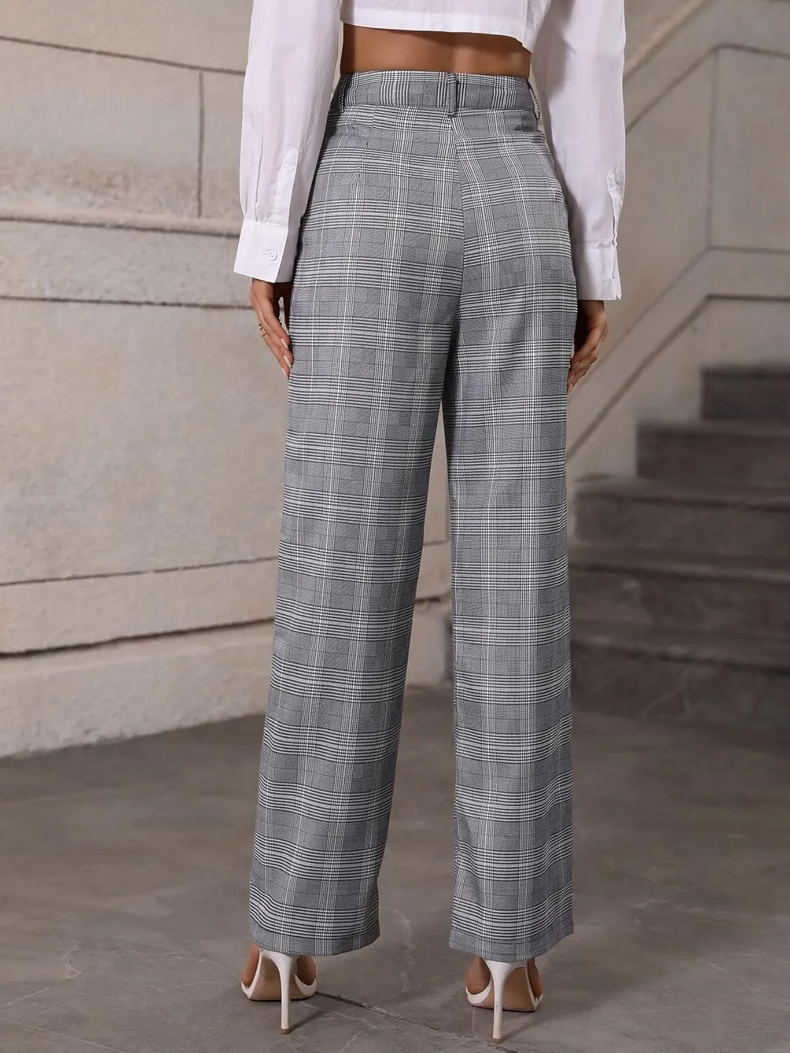 SweatyRocks Women's Plaid Print Dress Pants High Waisted Wide Leg Suit Pants with Pocket