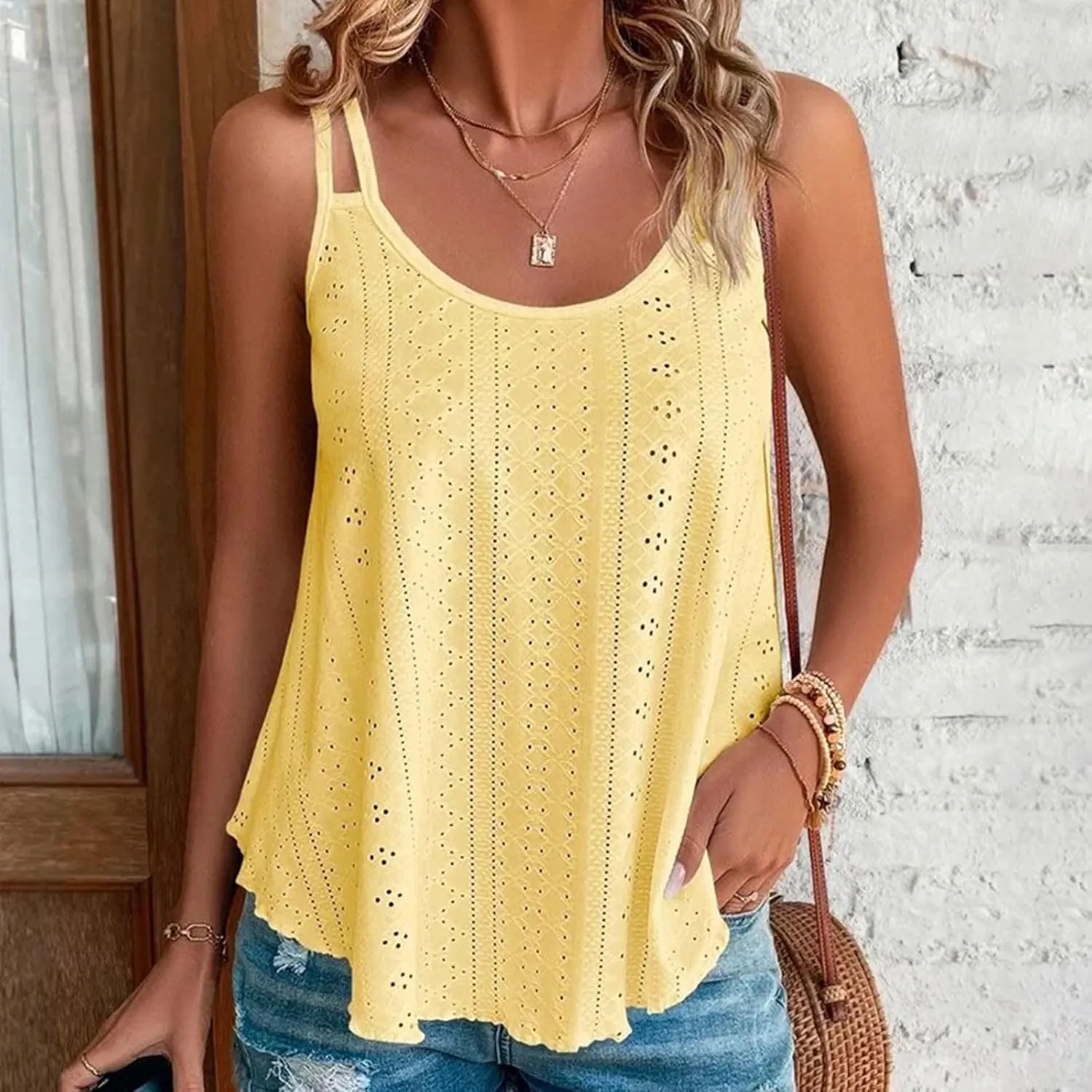 TANGNADE Summer Tank Tops for Women Pleated Spaghetti Strap Camisole Loose Fit Casual Sleeveless Pleated Flowy Tunic