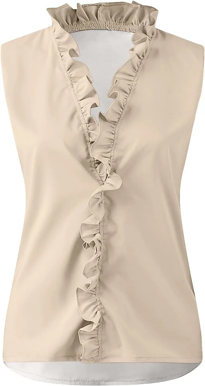 Tank Top for Women V Neck Ruffled Collared Shirts Sleeveless Tops