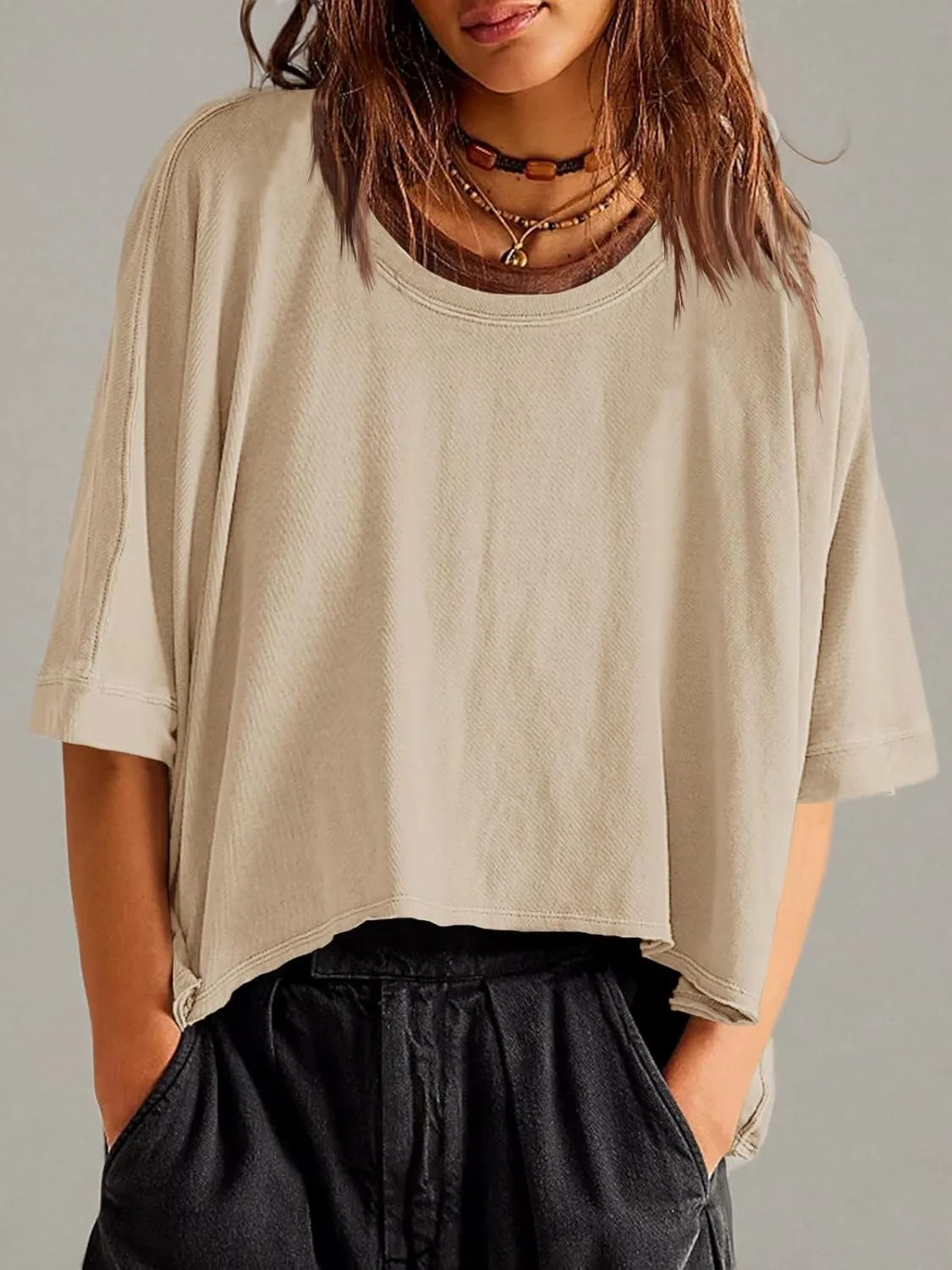 Tankaneo Womens Oversized T-Shirts Cropped Summer Casual Short Sleeve Loose Fit Tee Tops
