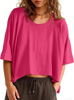 Tankaneo Womens Oversized T-Shirts Cropped Summer Casual Short Sleeve Loose Fit Tee Tops