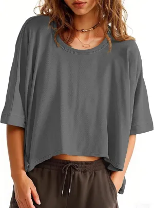 Tankaneo Womens Oversized T-Shirts Cropped Summer Casual Short Sleeve Loose Fit Tee Tops
