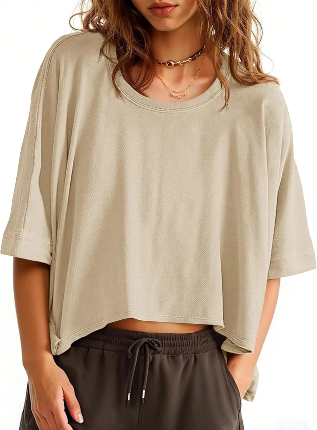 Tankaneo Womens Oversized T-Shirts Cropped Summer Casual Short Sleeve Loose Fit Tee Tops