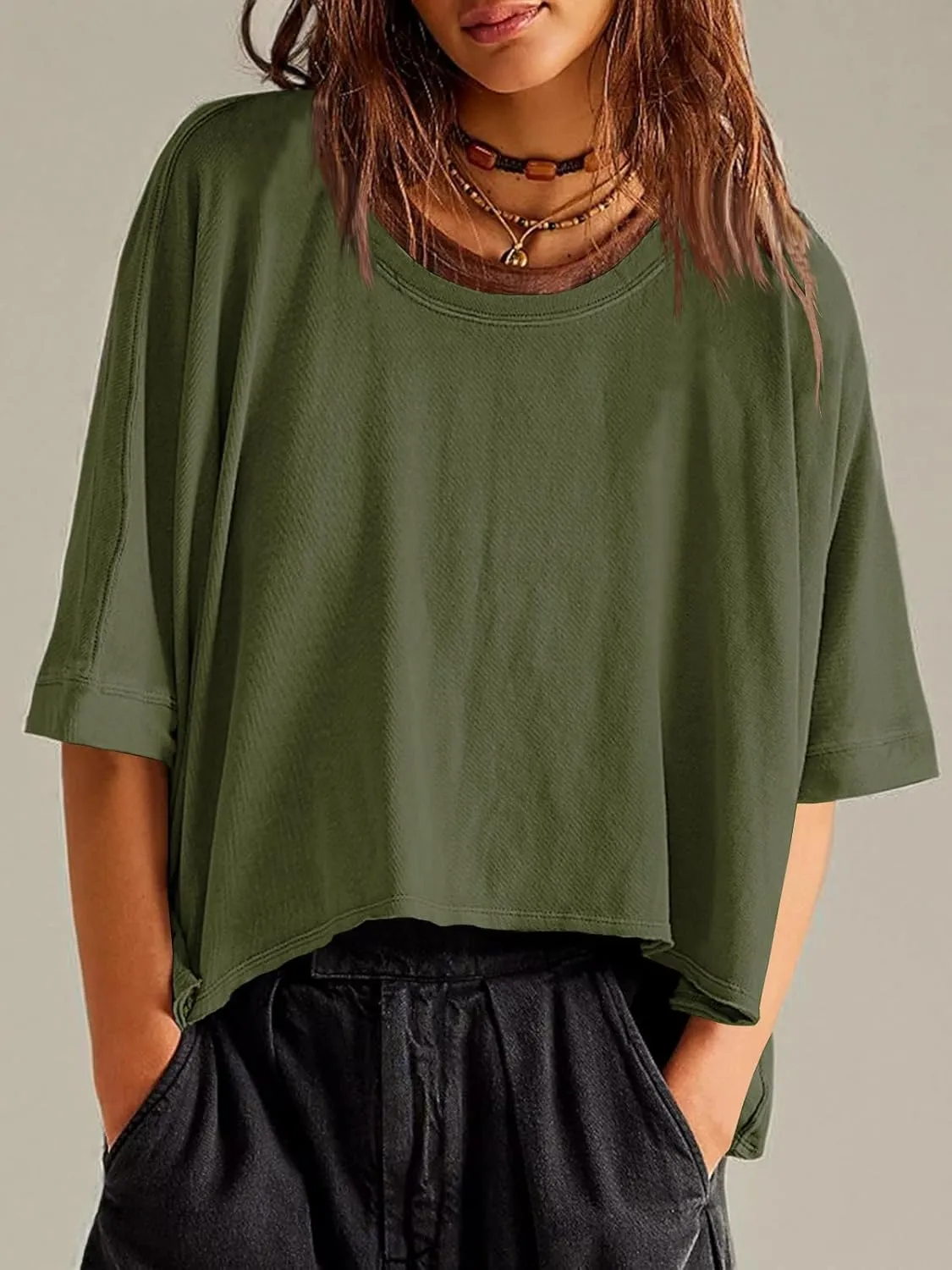Tankaneo Womens Oversized T-Shirts Cropped Summer Casual Short Sleeve Loose Fit Tee Tops
