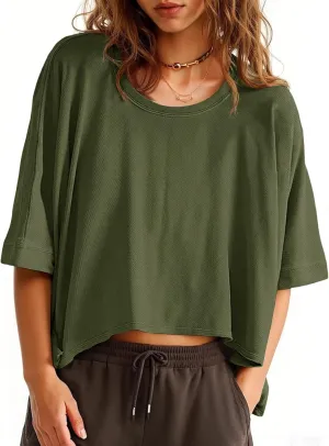 Tankaneo Womens Oversized T-Shirts Cropped Summer Casual Short Sleeve Loose Fit Tee Tops