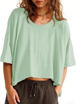 Tankaneo Womens Oversized T-Shirts Cropped Summer Casual Short Sleeve Loose Fit Tee Tops
