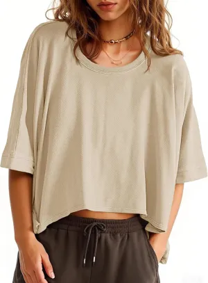 Tankaneo Womens Oversized T-Shirts Cropped Summer Casual Short Sleeve Loose Fit Tee Tops