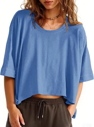 Tankaneo Womens Oversized T-Shirts Cropped Summer Casual Short Sleeve Loose Fit Tee Tops