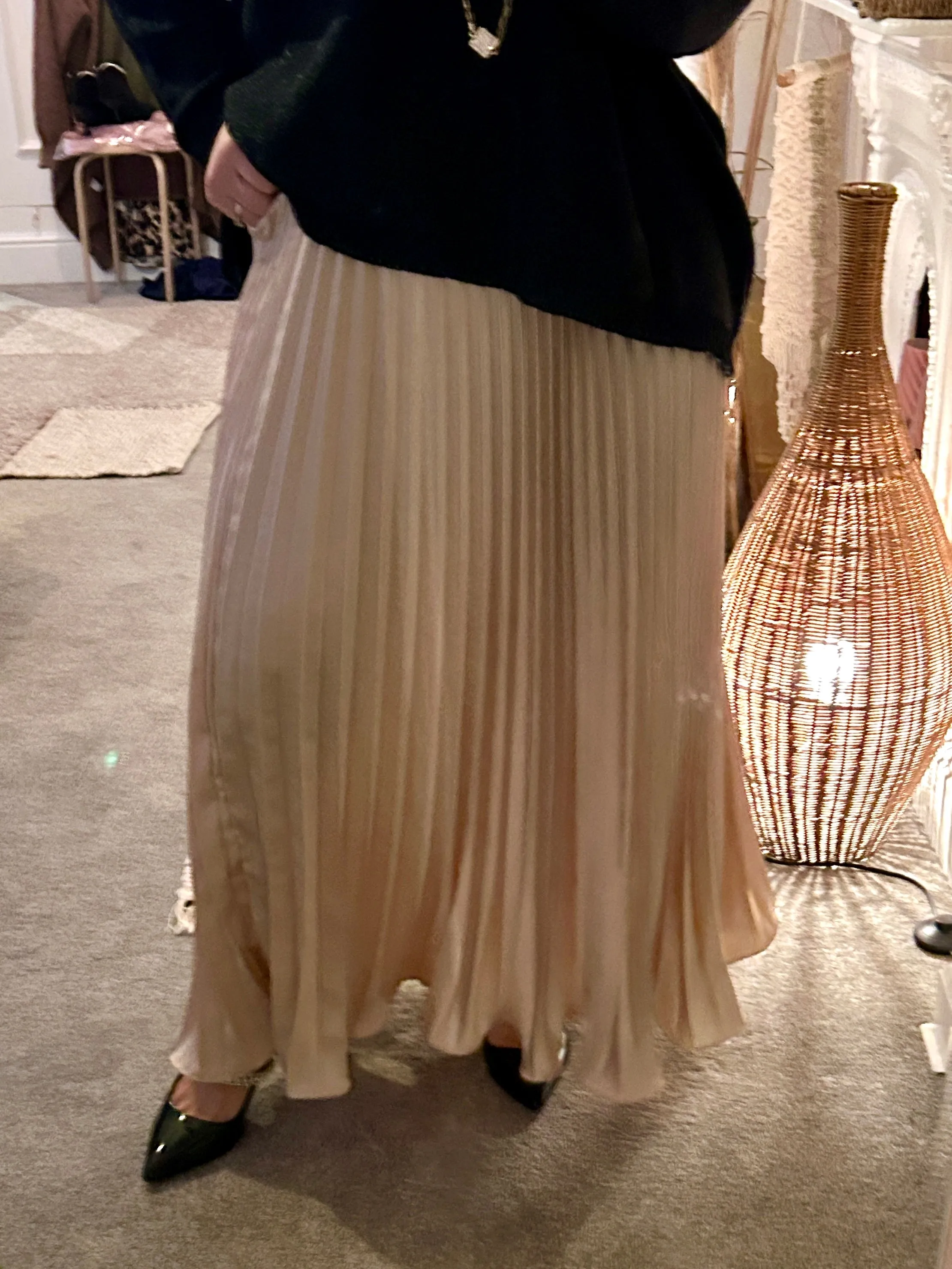 The liqui Pleat Satin Skirt with Elastic Waist