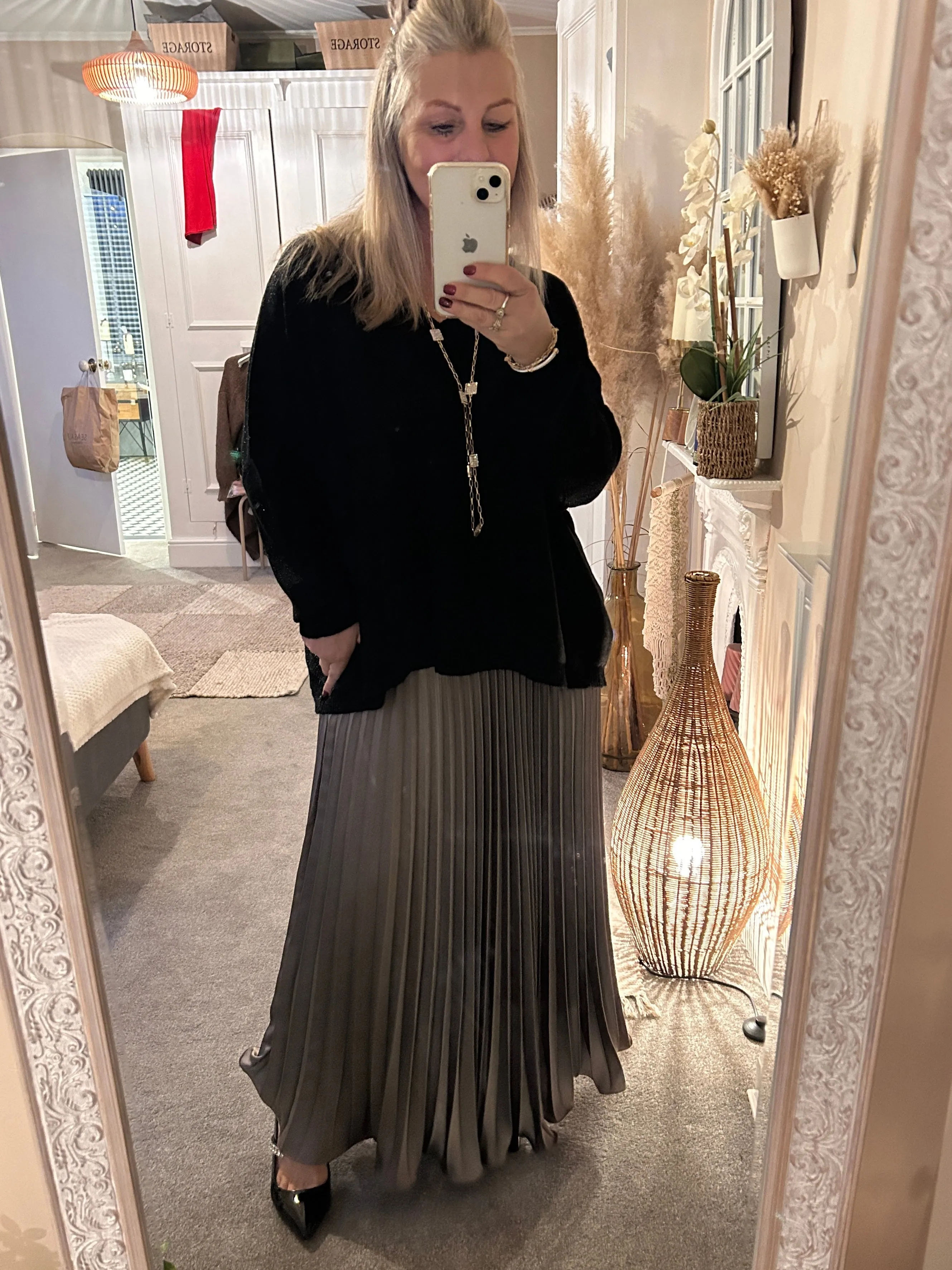 The liqui Pleat Satin Skirt with Elastic Waist
