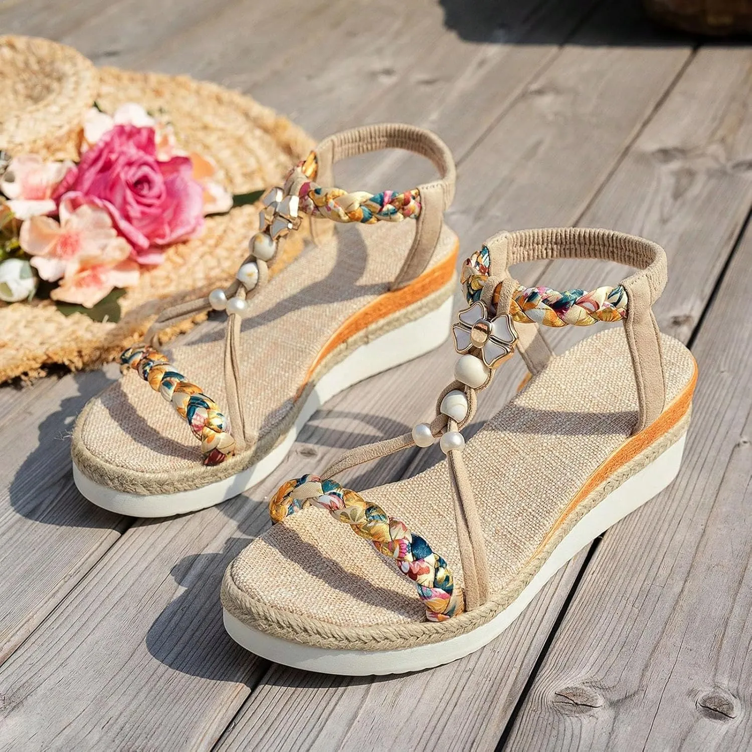 Thick Soled Wedge Heeled Women's Spring And Summer Shoes Fashion Casual Bohemian Hollow Braided Cute Comfy Heels Women
