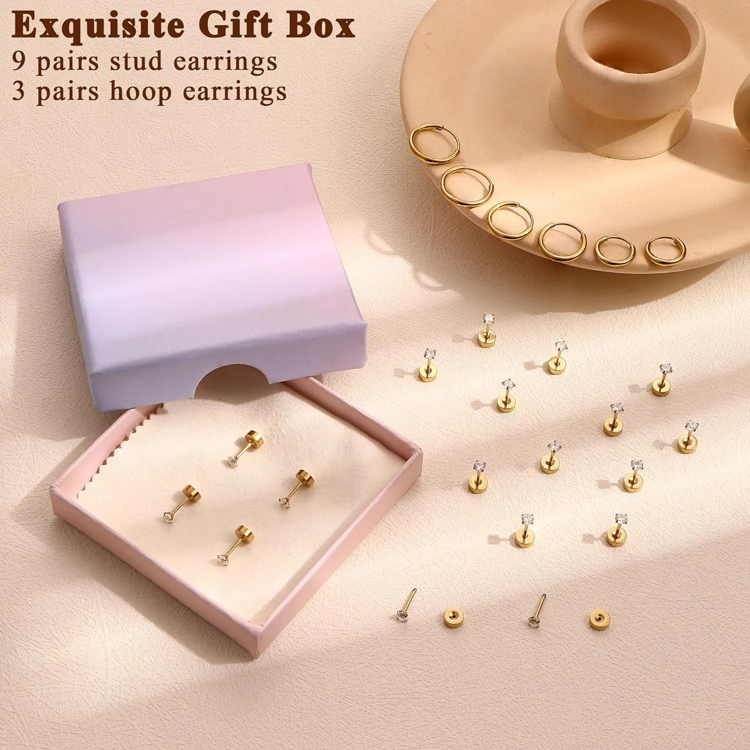 Tiny Hypoallergenic Flat Back Earrings - Surgical Steel Earrings For Women Men 14K Gold Plated Flatback Stud Earrings 20G Small Cartilage Earring Hoop 12 Pairs 2/3/4mm Screw Back Earrings