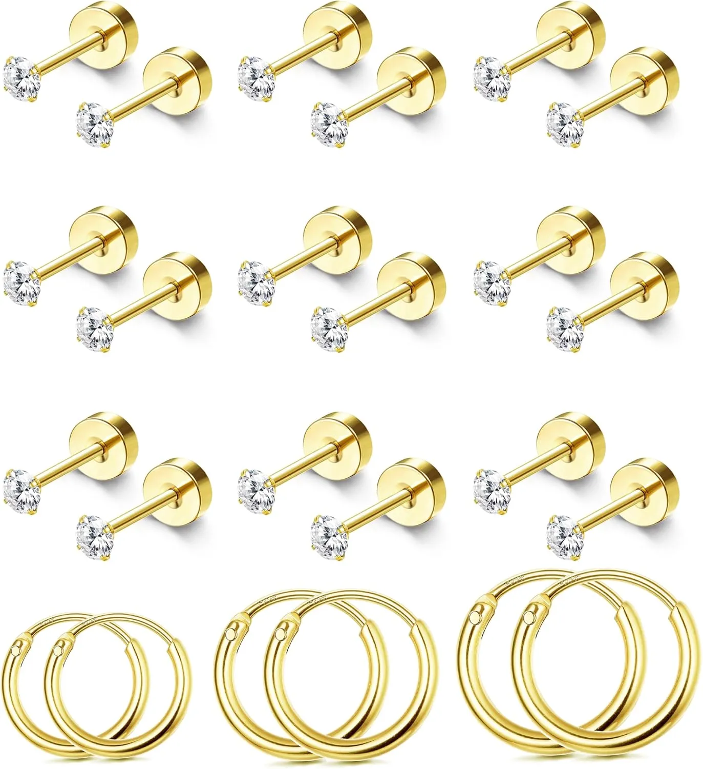 Tiny Hypoallergenic Flat Back Earrings - Surgical Steel Earrings For Women Men 14K Gold Plated Flatback Stud Earrings 20G Small Cartilage Earring Hoop 12 Pairs 2/3/4mm Screw Back Earrings