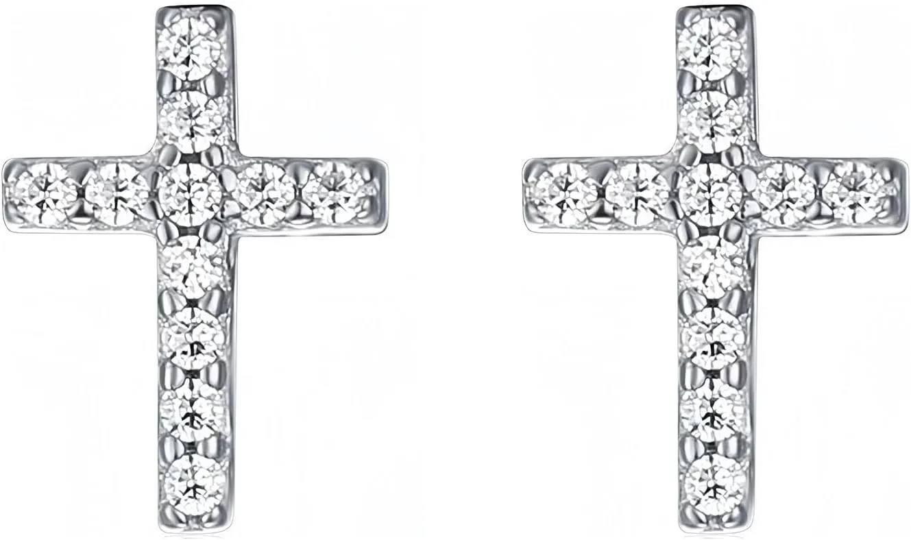 Tiny Mini Silver Cross Earrings Small Cubic Zirconia Studs Earrings for Women Minimalist Simple Jewelry