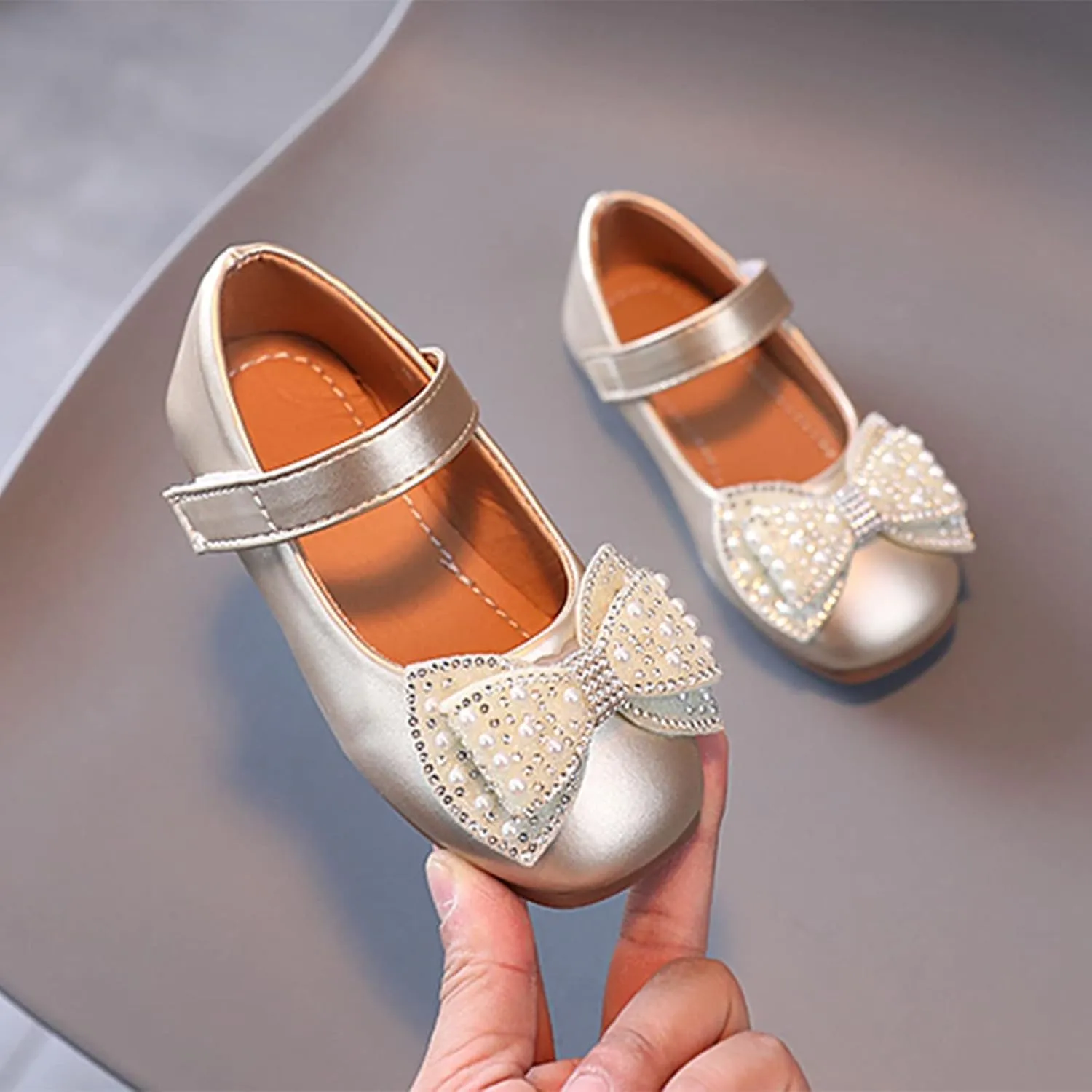 Toddler Dress Shoes,Summer Fall Girls Casual Shoes Bow Pearls Flat Bottom Dress Shoes Hook Loop Kawaii Shoes 1-6 Years