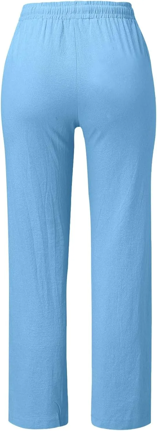 Trendy Pants for Women 2025 Linen Palazzo Pants Summer Casual Loose High Waist Wide Leg Pant Lounge Beach Trousers