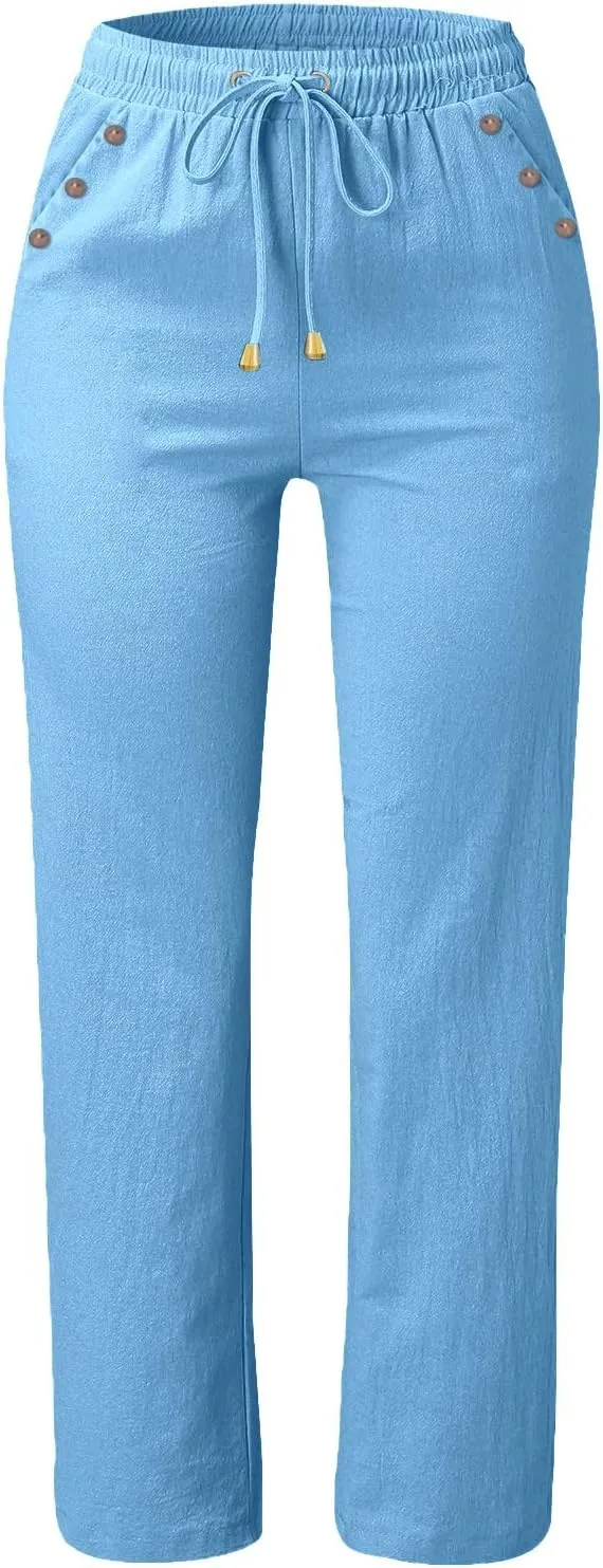 Trendy Pants for Women 2025 Linen Palazzo Pants Summer Casual Loose High Waist Wide Leg Pant Lounge Beach Trousers