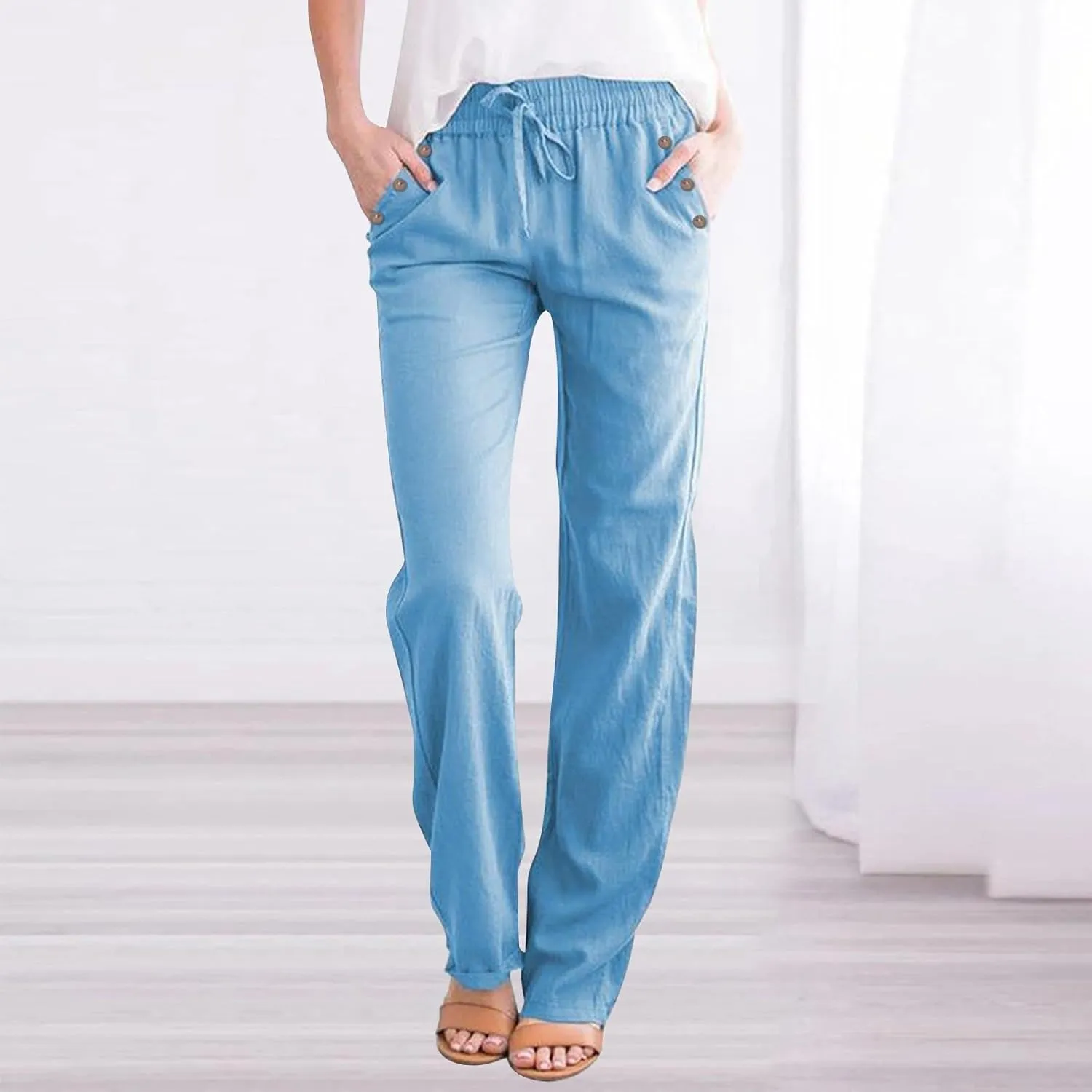 Trendy Pants for Women 2025 Linen Palazzo Pants Summer Casual Loose High Waist Wide Leg Pant Lounge Beach Trousers