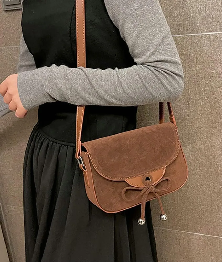 Trendy Suede Bow Crossbody Bags for Women Brown Retro Square Handbag Small Saddle Bag Suede Satchel Bag