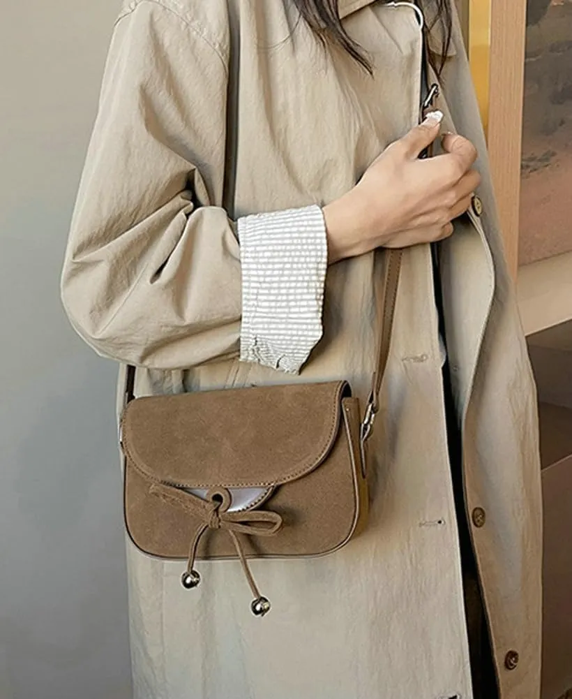 Trendy Suede Bow Crossbody Bags for Women Brown Retro Square Handbag Small Saddle Bag Suede Satchel Bag
