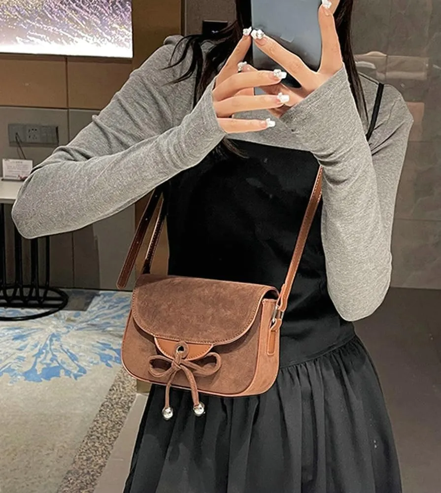 Trendy Suede Bow Crossbody Bags for Women Brown Retro Square Handbag Small Saddle Bag Suede Satchel Bag