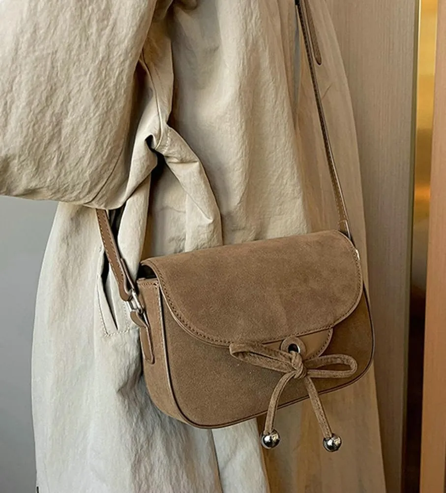 Trendy Suede Bow Crossbody Bags for Women Brown Retro Square Handbag Small Saddle Bag Suede Satchel Bag