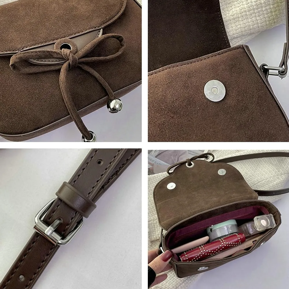 Trendy Suede Bow Crossbody Bags for Women Brown Retro Square Handbag Small Saddle Bag Suede Satchel Bag
