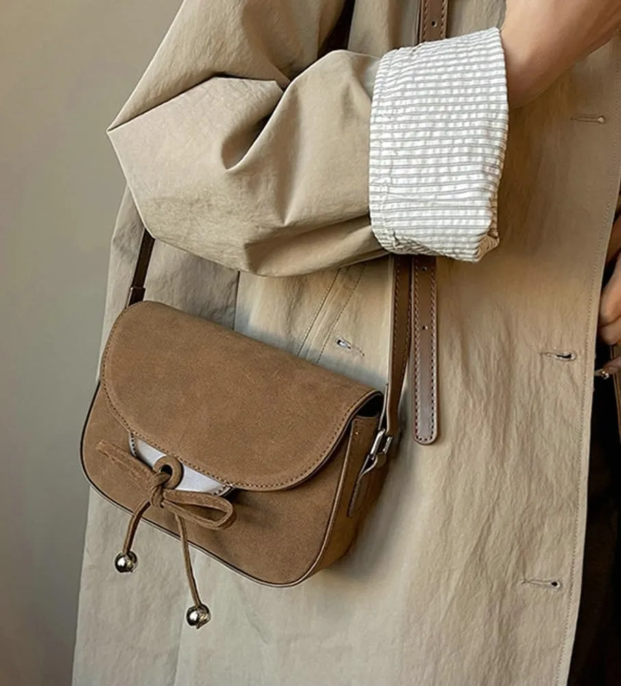 Trendy Suede Bow Crossbody Bags for Women Brown Retro Square Handbag Small Saddle Bag Suede Satchel Bag