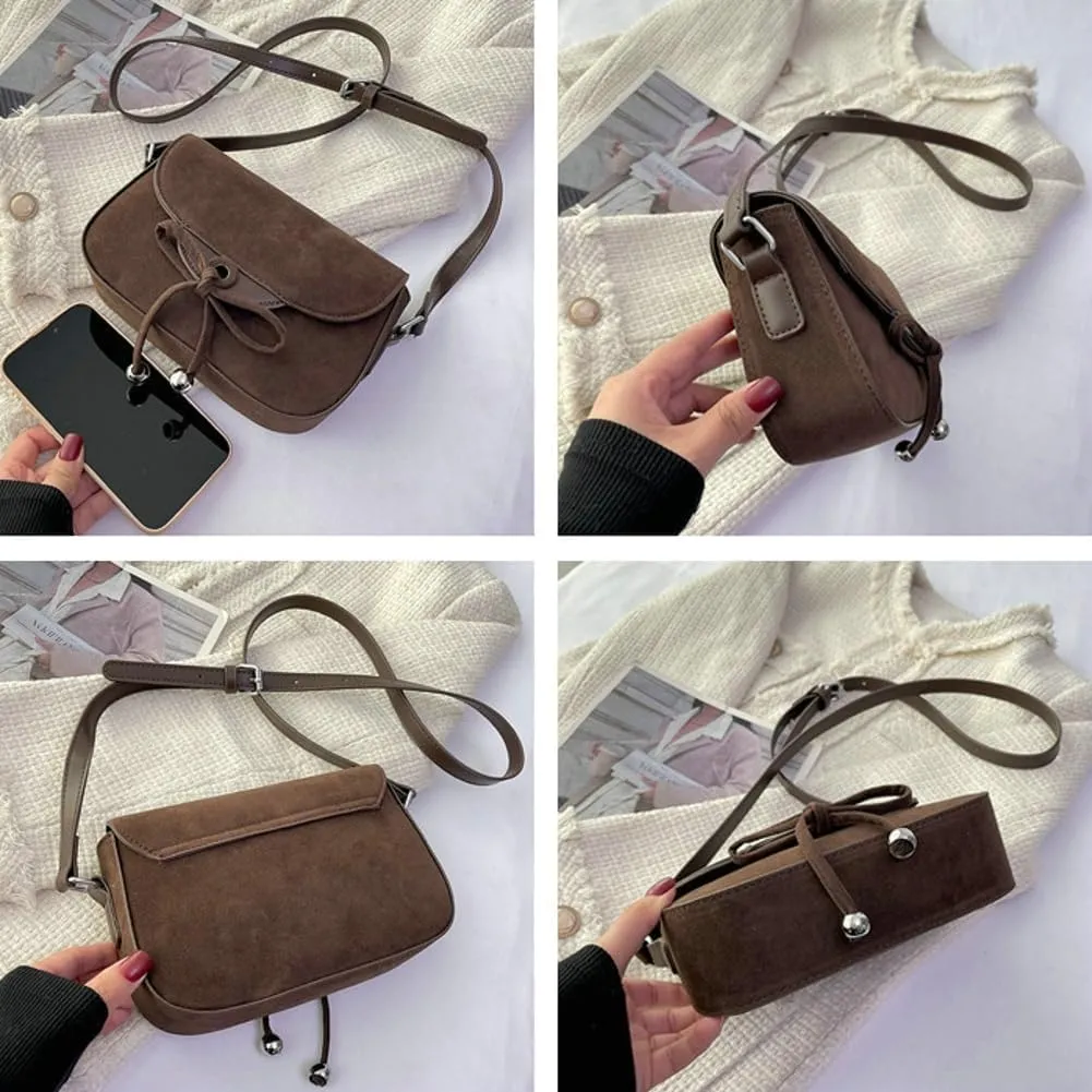 Trendy Suede Bow Crossbody Bags for Women Brown Retro Square Handbag Small Saddle Bag Suede Satchel Bag