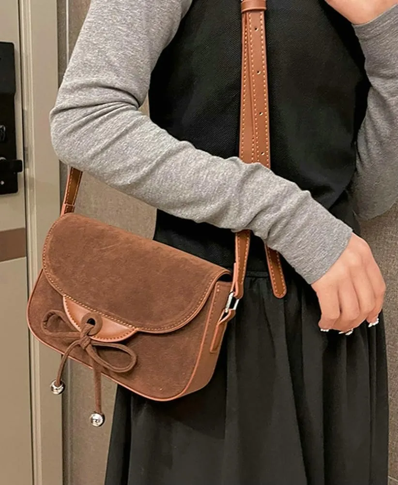 Trendy Suede Bow Crossbody Bags for Women Brown Retro Square Handbag Small Saddle Bag Suede Satchel Bag